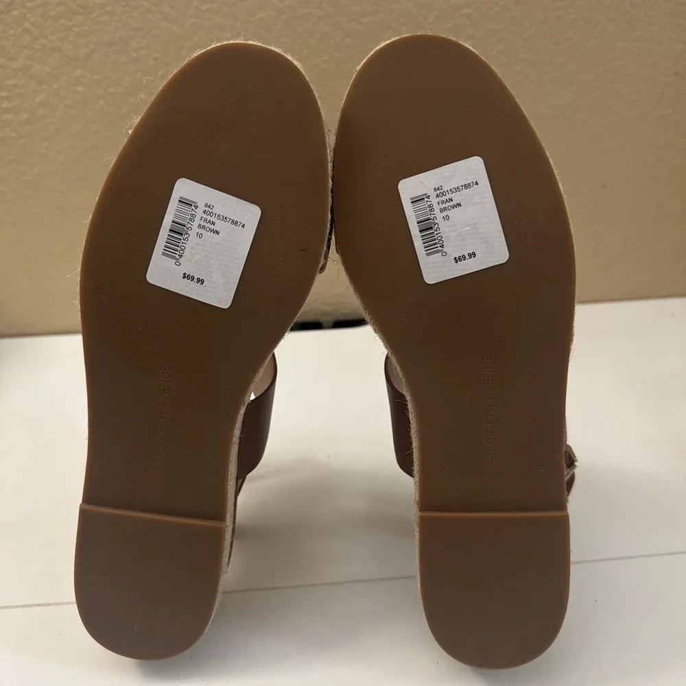Women's 10.5 M Saks Fifth Avenue Fran Brown Leather Espadrille Sandals Slingback